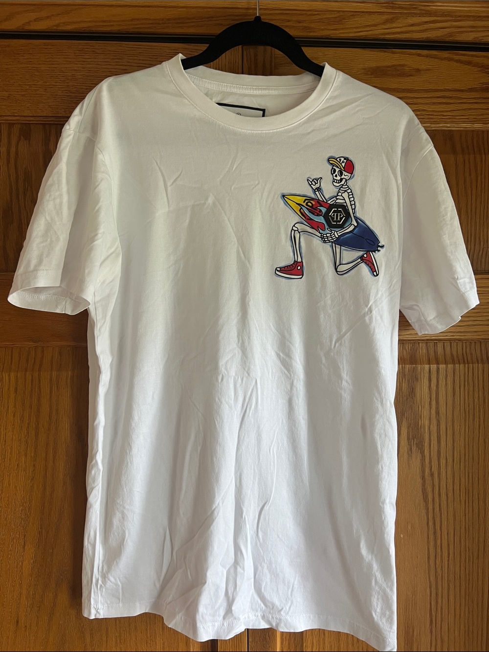 Philipp Plein White Short-Sleeve Tee with Surfing Skeleton Graphic